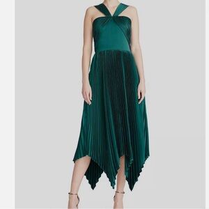 Theia Pleated Dress Gown in Pine Green